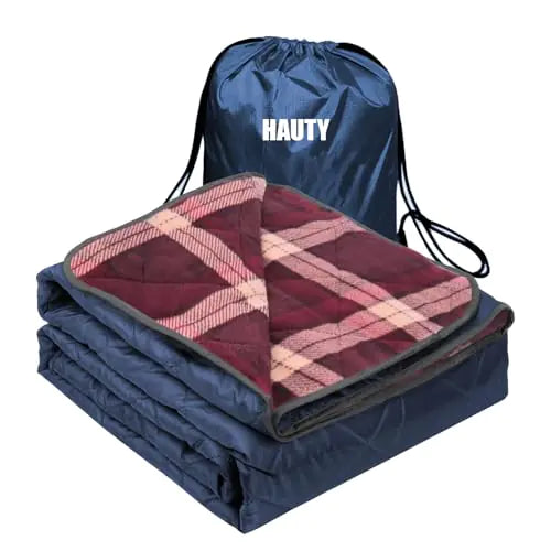 HAUTY Waterproof Camping Blanket 55x82 Machine Washable Lightweight Wind Resistant Outdoor Blanket for Camping/Stadium/Cold Weather (Navy Blue Outside Red Plaid Inside)