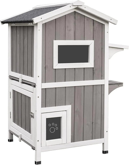 PetsCosset Outdoor Cat Shelter Weatherproof Two Story Wooden Outside Feral Cat House with Openable Roof Escape Door