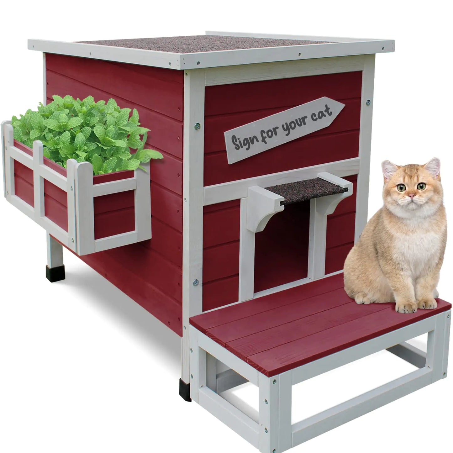 Rockever Outdoor Cat House Large Outdoor Houses for Feral Cats Wooden Outside Cat Shelter Weatherproof with Escape Door-Red