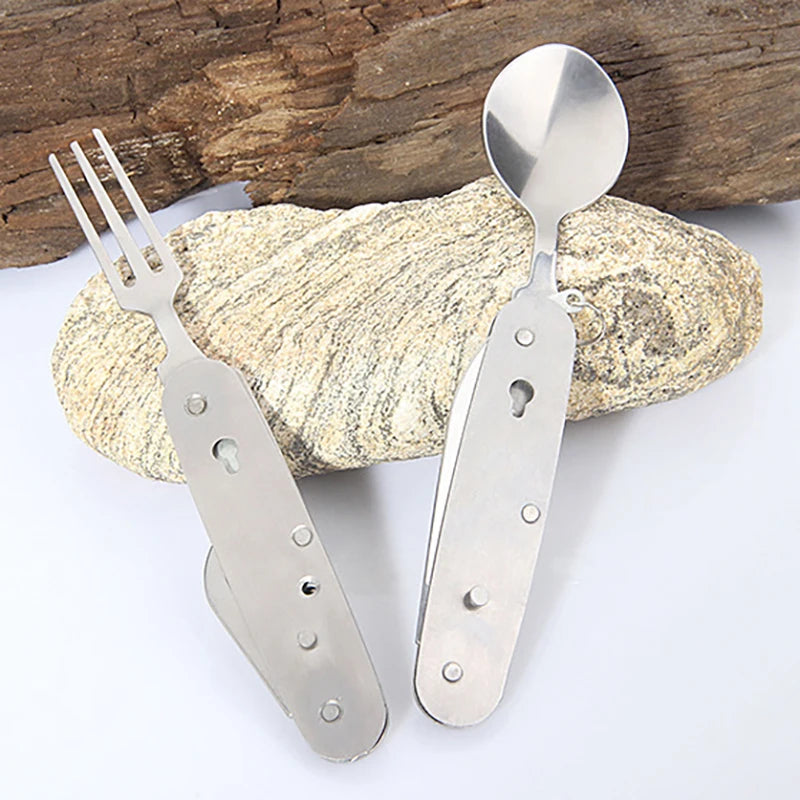 Foldable Knife Fork Spoon Bottle Opener Folding Pocket Cutlery Set Stainless Steel cutlery 4 In 1 Outdoor Picnic Tableware