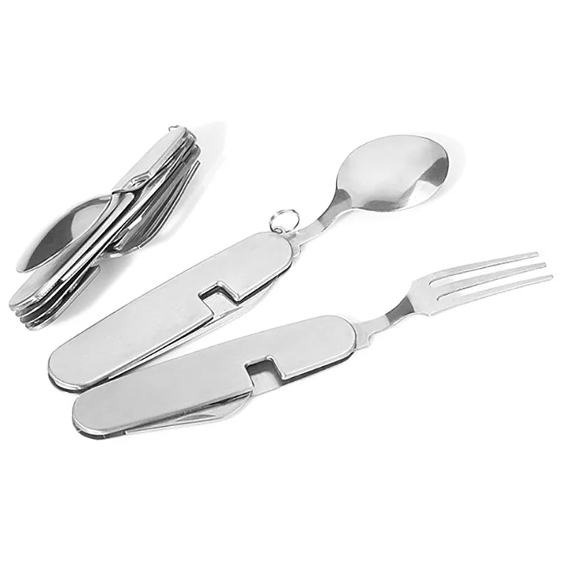 Foldable Knife Fork Spoon Bottle Opener Folding Pocket Cutlery Set Stainless Steel cutlery 4 In 1 Outdoor Picnic Tableware
