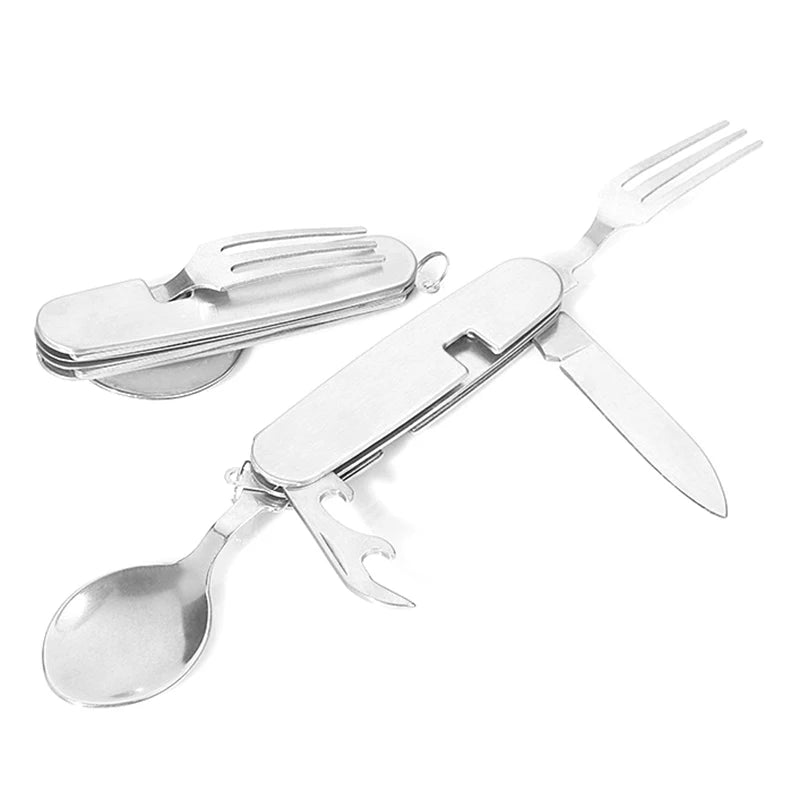 Foldable Knife Fork Spoon Bottle Opener Folding Pocket Cutlery Set Stainless Steel cutlery 4 In 1 Outdoor Picnic Tableware