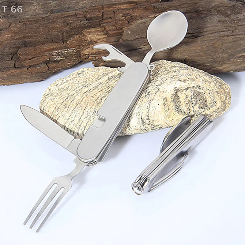 Foldable Knife Fork Spoon Bottle Opener Folding Pocket Cutlery Set Stainless Steel cutlery 4 In 1 Outdoor Picnic Tableware