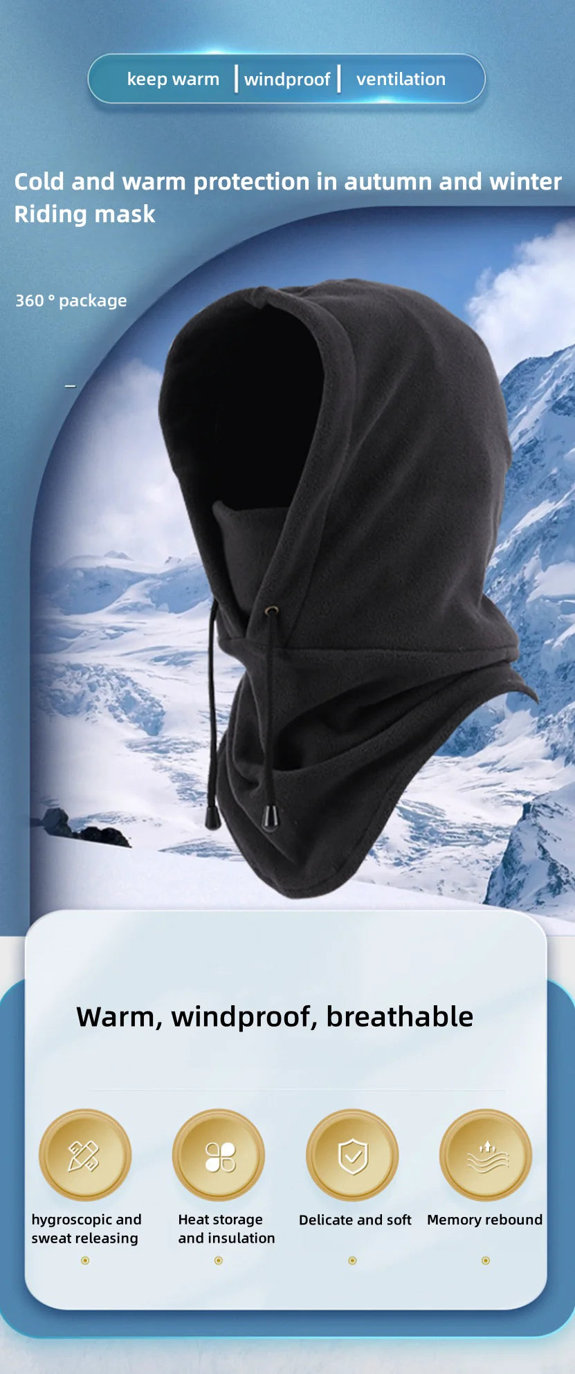 Fashionable Warm Hat Winter Men's and Women's Hats Waterproof and Warm Wool Balaclava Hat Hooded Neck Warm Hiking Scarf
