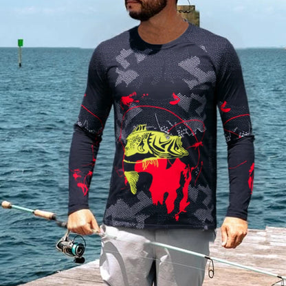 Men's outdoor fishing T-shirt, long sleeved shirt, oversized round neck 3D print, casual and fashionable