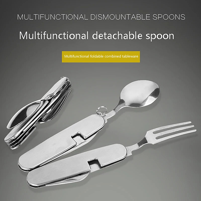 Foldable Knife Fork Spoon Bottle Opener Folding Pocket Cutlery Set Stainless Steel cutlery 4 In 1 Outdoor Picnic Tableware