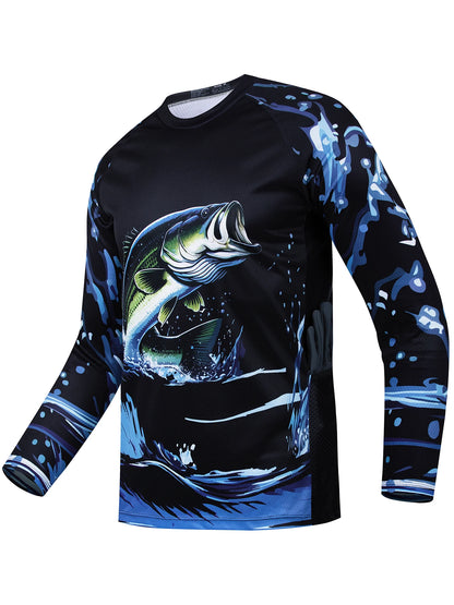 Men's outdoor fishing T-shirt, long sleeved shirt, oversized round neck 3D print, casual and fashionable