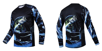 Men's outdoor fishing T-shirt, long sleeved shirt, oversized round neck 3D print, casual and fashionable