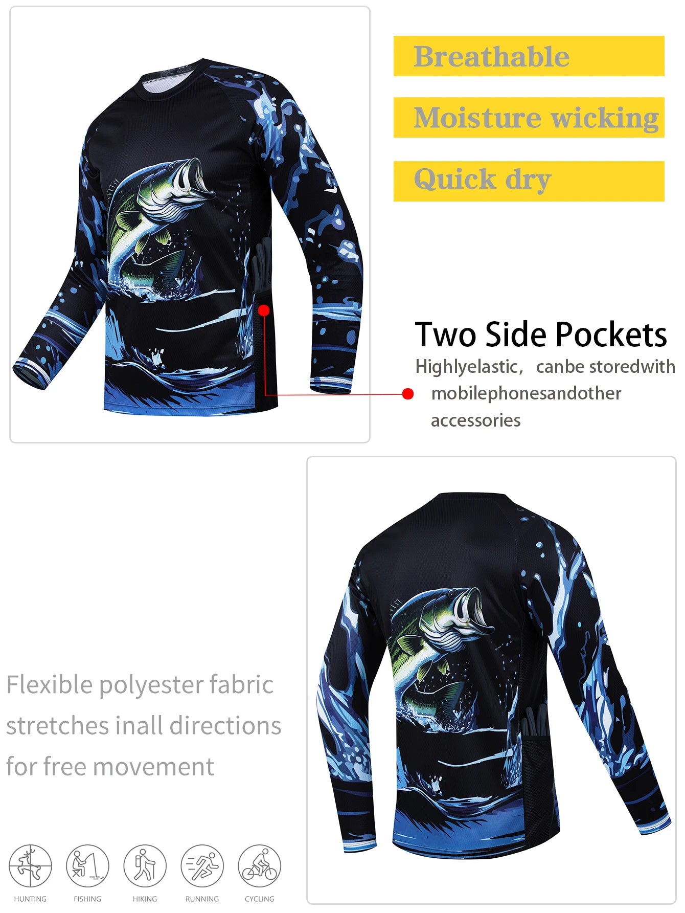 Men's outdoor fishing T-shirt, long sleeved shirt, oversized round neck 3D print, casual and fashionable