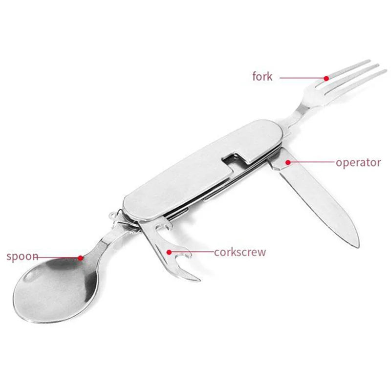 Foldable Knife Fork Spoon Bottle Opener Folding Pocket Cutlery Set Stainless Steel cutlery 4 In 1 Outdoor Picnic Tableware