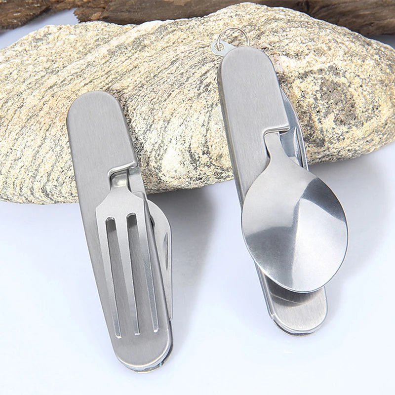 Foldable Knife Fork Spoon Bottle Opener Folding Pocket Cutlery Set Stainless Steel cutlery 4 In 1 Outdoor Picnic Tableware