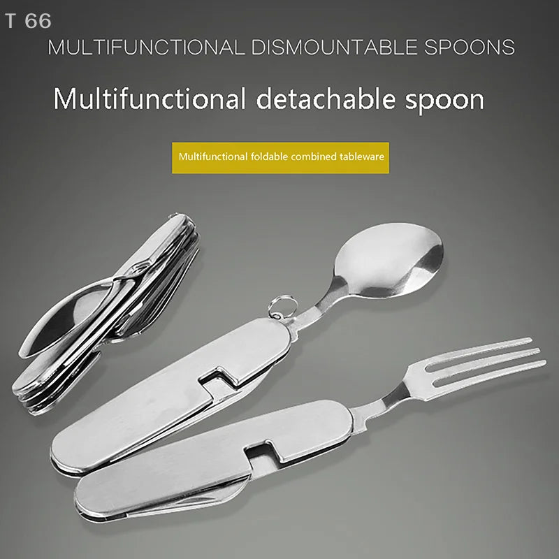 Foldable Knife Fork Spoon Bottle Opener Folding Pocket Cutlery Set Stainless Steel cutlery 4 In 1 Outdoor Picnic Tableware