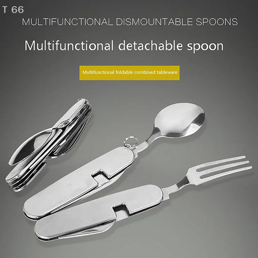 Foldable Knife Fork Spoon Bottle Opener Folding Pocket Cutlery Set Stainless Steel cutlery 4 In 1 Outdoor Picnic Tableware