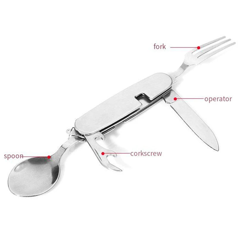 Foldable Knife Fork Spoon Bottle Opener Folding Pocket Cutlery Set Stainless Steel cutlery 4 In 1 Outdoor Picnic Tableware