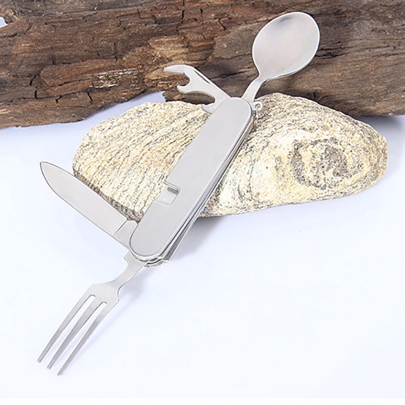 Foldable Knife Fork Spoon Bottle Opener Folding Pocket Cutlery Set Stainless Steel cutlery 4 In 1 Outdoor Picnic Tableware