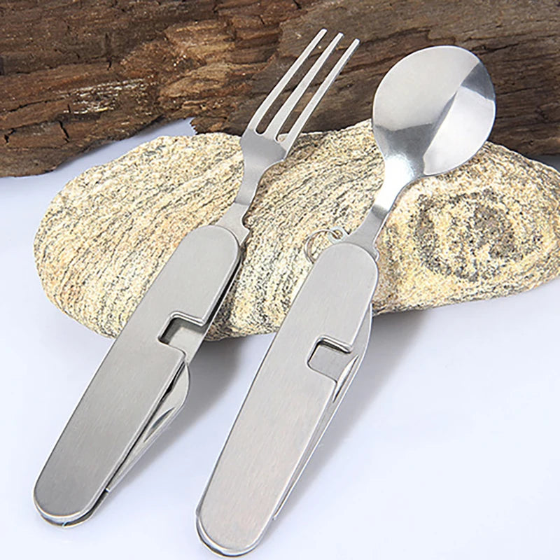 Foldable Knife Fork Spoon Bottle Opener Folding Pocket Cutlery Set Stainless Steel cutlery 4 In 1 Outdoor Picnic Tableware