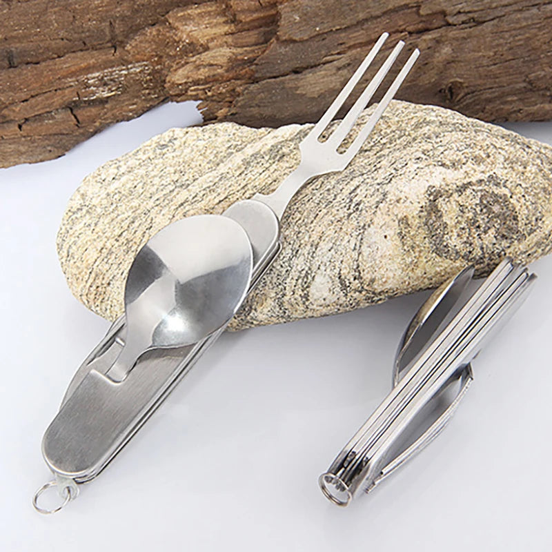 Foldable Knife Fork Spoon Bottle Opener Folding Pocket Cutlery Set Stainless Steel cutlery 4 In 1 Outdoor Picnic Tableware