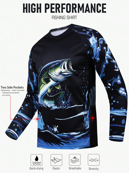 Men's outdoor fishing T-shirt, long sleeved shirt, oversized round neck 3D print, casual and fashionable