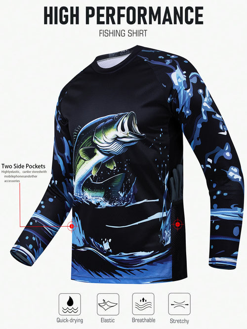 Men's outdoor fishing T-shirt, long sleeved shirt, oversized round neck 3D print, casual and fashionable