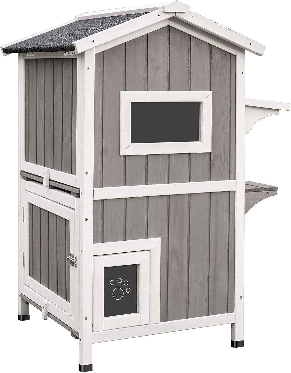 PetsCosset Outdoor Cat Shelter Weatherproof Two Story Wooden Outside Feral Cat House with Openable Roof Escape Door