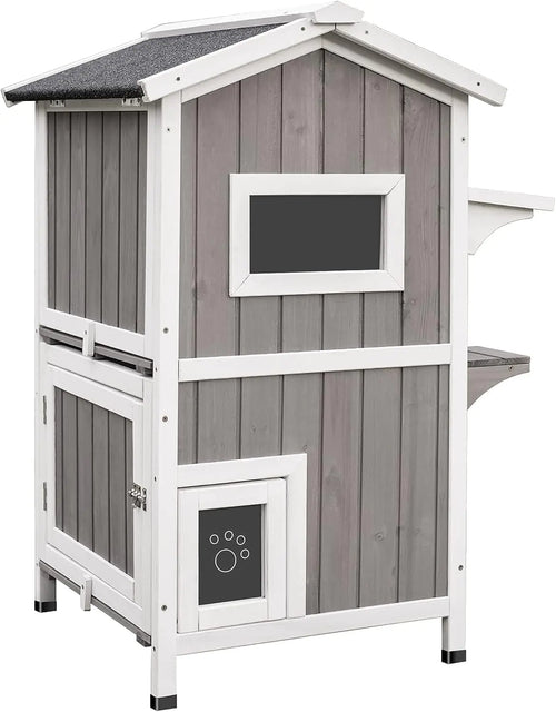 PetsCosset Outdoor Cat Shelter Weatherproof Two Story Wooden Outside Feral Cat House with Openable Roof Escape Door