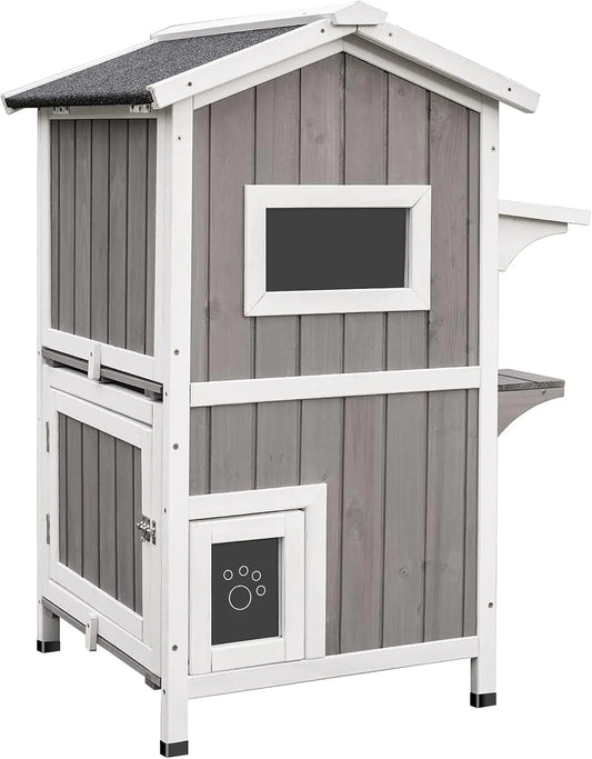 PetsCosset Outdoor Cat Shelter Weatherproof Two Story Wooden Outside Feral Cat House with Openable Roof Escape Door